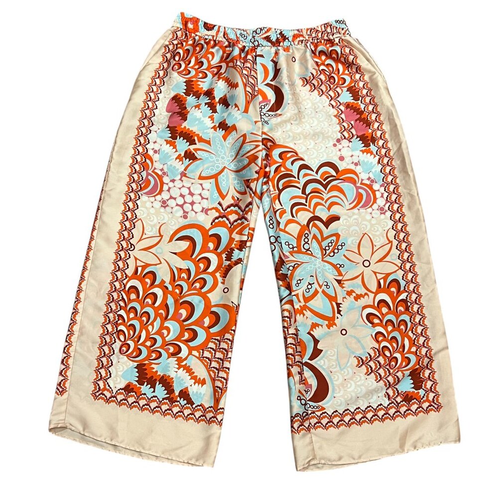 Zara Wide Leg Pull-on Silky Print Ankle Pants, Cream Blue Red, XXL